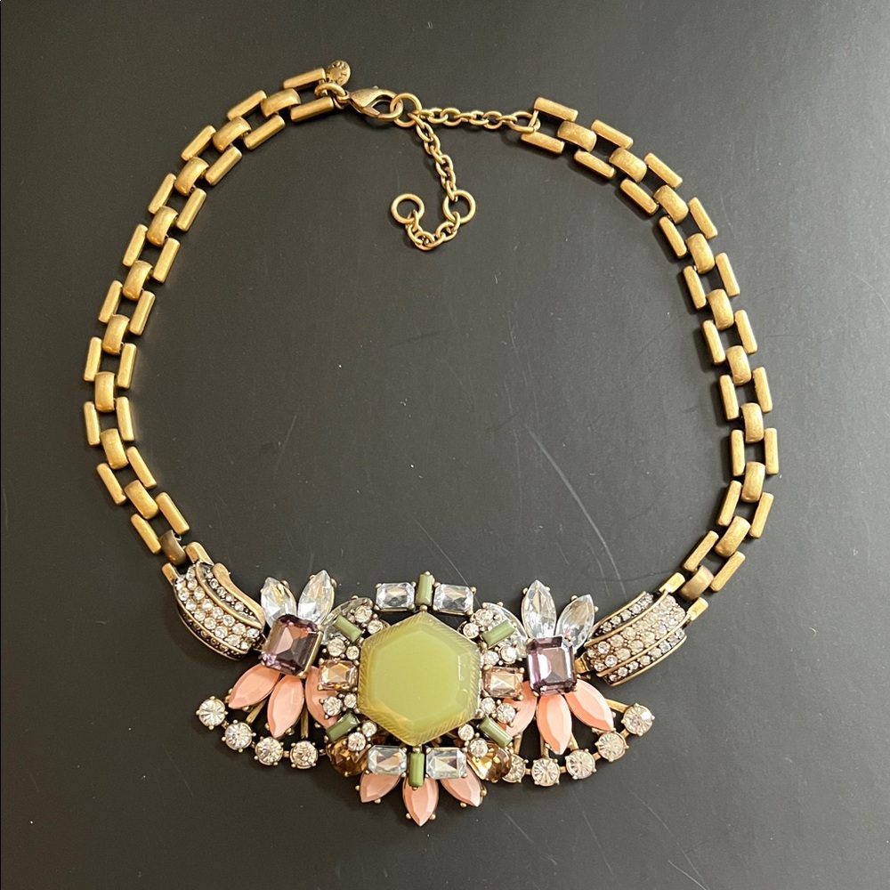 J. Crew Gold-Tone Statement Necklace with Lime Green Center and Pink Accents